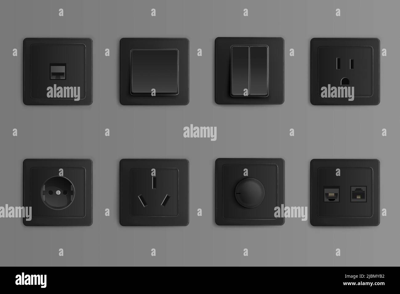Electric sockets and switches on wall. Vector realistic set of 3d