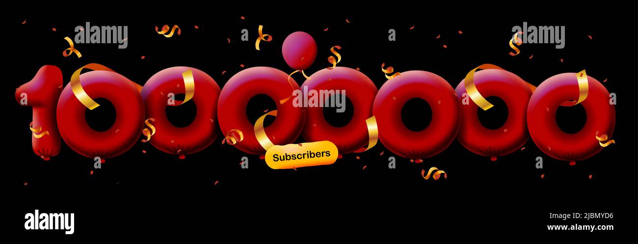 Banner with 10000000 followers thank you in form 3d red balloons and colorful confetti. Vector illustration 3d numbers for social media 10M followers thanks, Blogger celebrating subscribers, likes Stock Vector