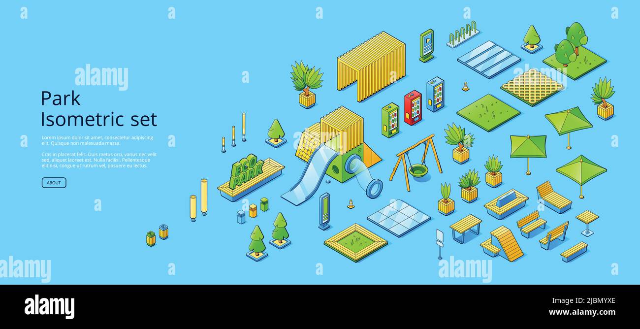 Park isometric set with green trees, grass, plants, wooden benches and ...