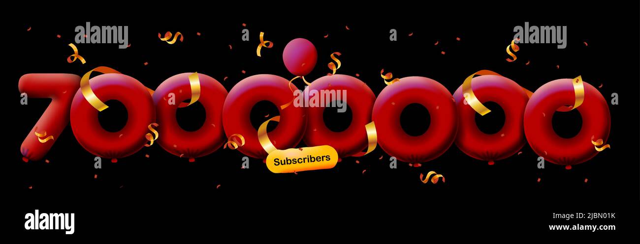 Banner with 70000000 followers thank you in form 3d red balloons and colorful confetti. Vector illustration 3d numbers for social media 70M followers thanks, Blogger celebrating subscribers, likes Stock Vector