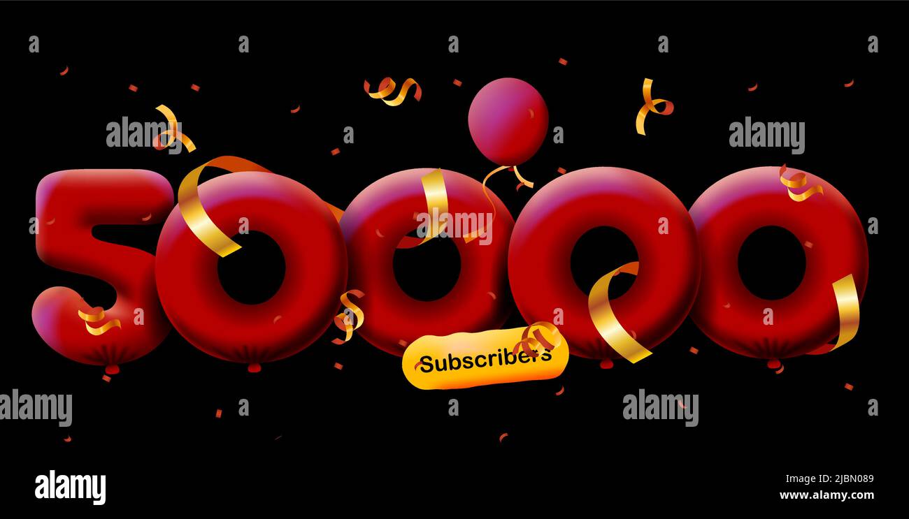 Banner with 50000 followers thank you in form of 3d red balloons and ...