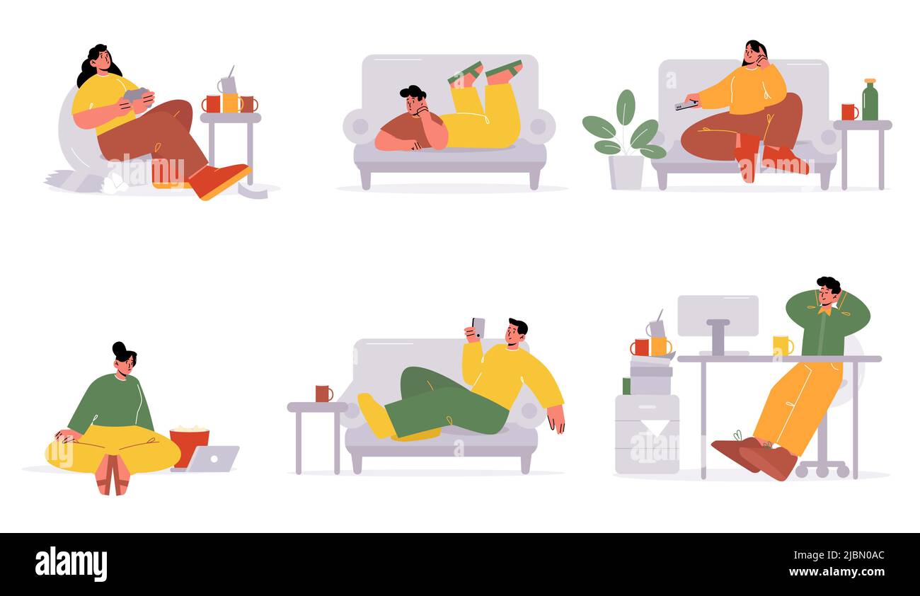 Lazy people relax and procrastination concept. Lazybones men and women lying or sitting on couch with gadgets, delay and postpone work, watching movie Stock Vector