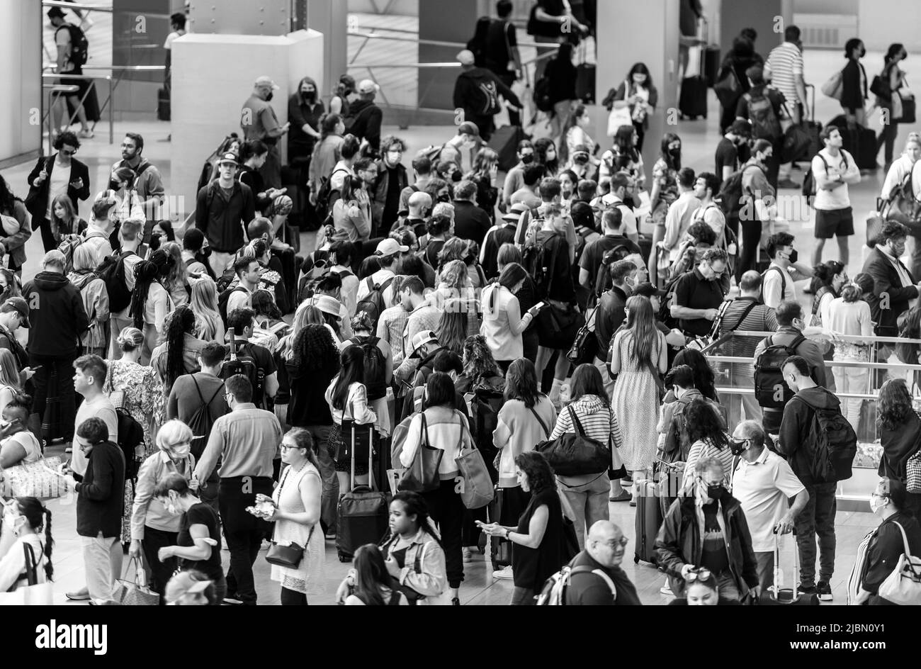 Travelers crowd the Moynihan Train Hall in Pennsylvania Station in New York on Friday, May 27, 2022, the beginning of the great exodus over the Memorial Day weekend.  39 million Americans are reported to be expecting to travel over the holiday.    (© Richard B. Levine) Stock Photo