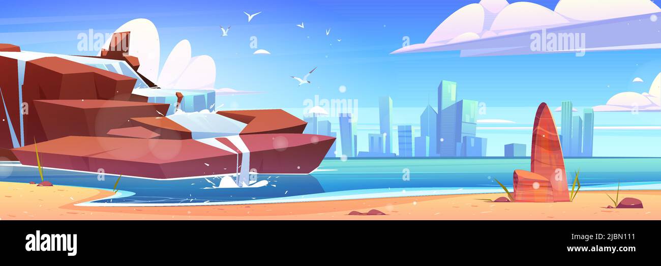Waterfall on sea beach and city buildings on skyline. Vector cartoon illustration of summer seascape with water falling from rocks, sand shore and tow Stock Vector