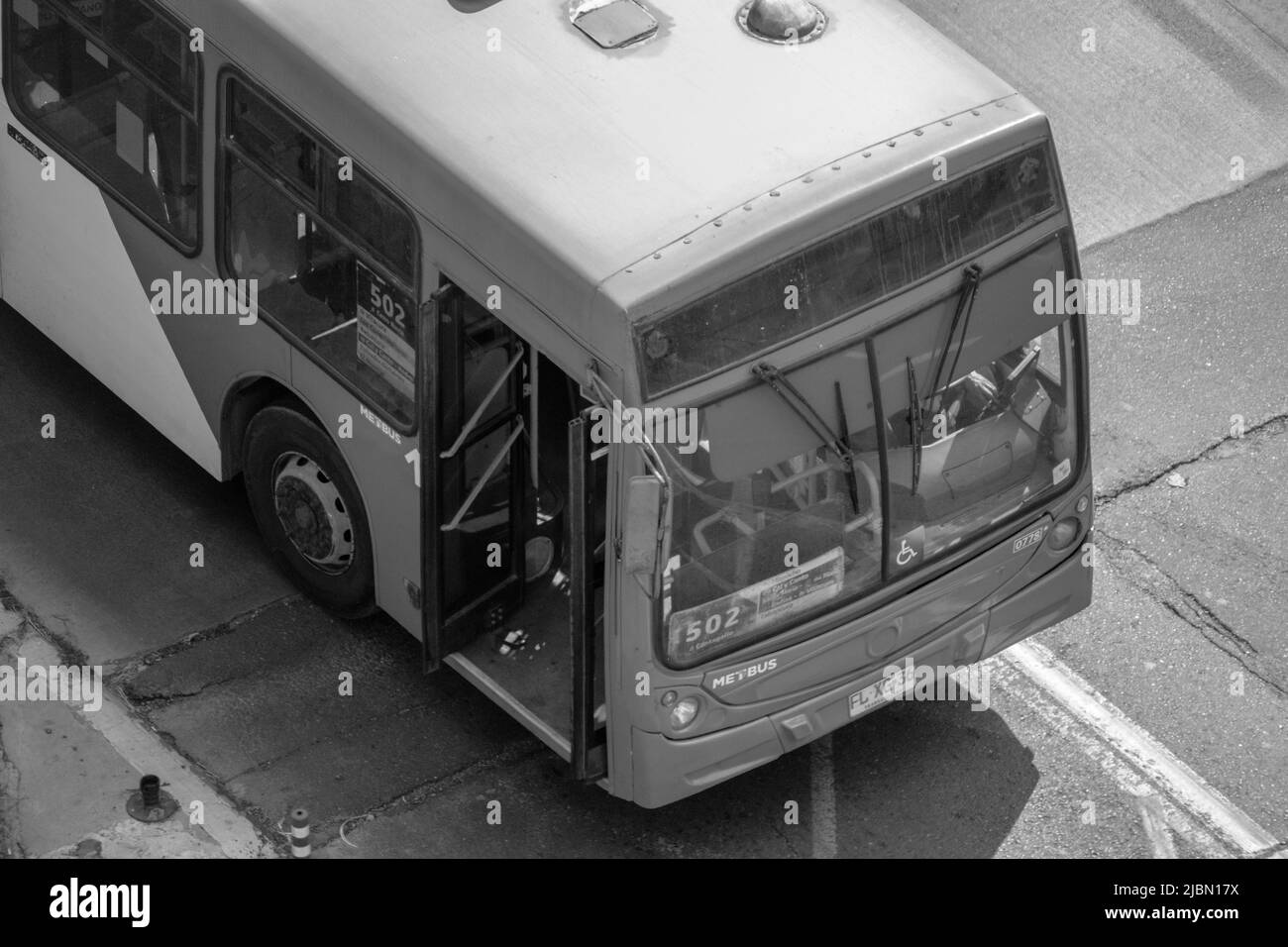 Transit bus in Las Condes, operated by Metbus in Santiago, Chile. Stock Photo