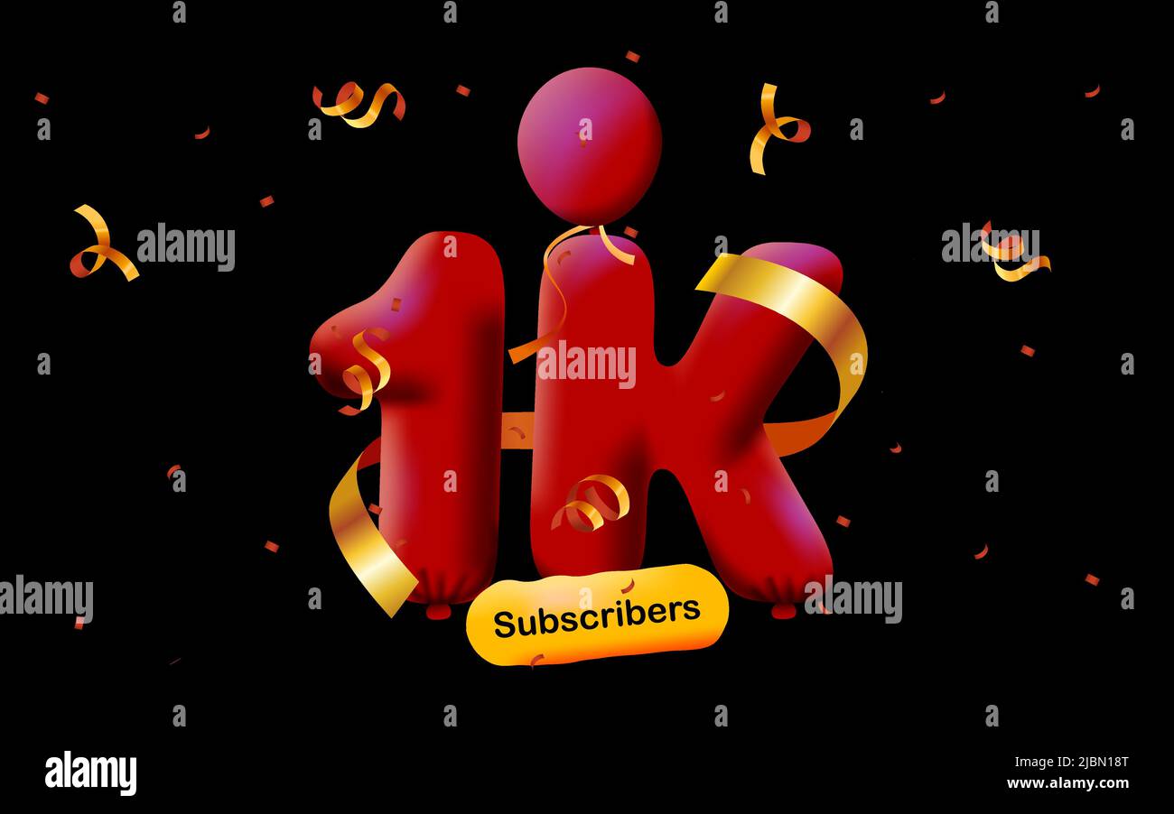 Banner with 1K followers thank you in form of 3d red balloons and colorful confetti. Vector illustration 3d numbers for social media 1000 followers thanks, Blogger celebrating subscribers, likes Stock Vector