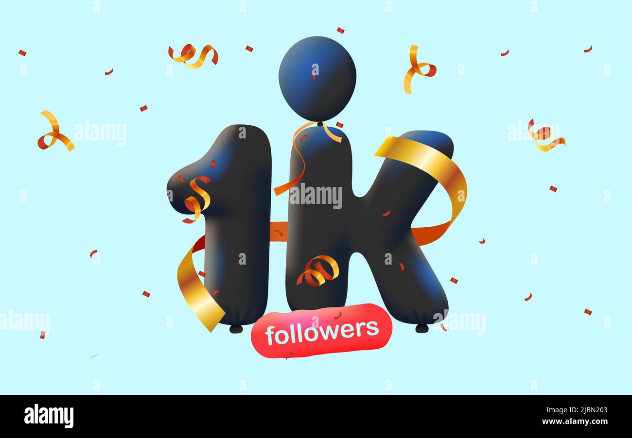 Banner with 1K followers thank you in form of 3d black balloons and colorful confetti. Vector illustration 3d numbers for social media 1000 followers thanks, Blogger celebrating subscribers, likes Stock Vector