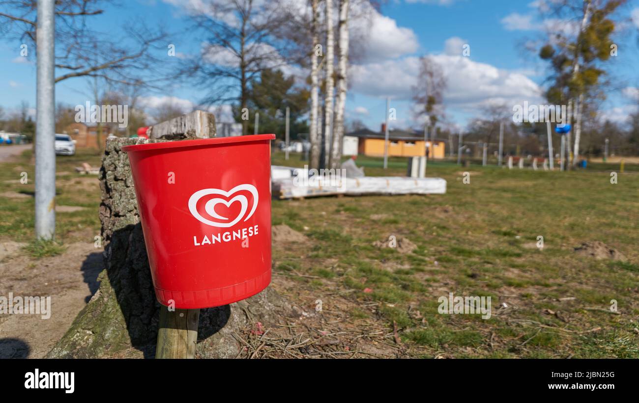 Langnese company wastebasket in front of a snack bar at a campsite in Plötzky Stock Photo