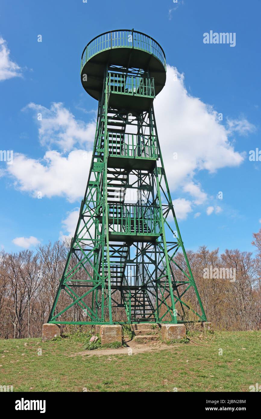 Green, steel Sightseeing pyramid on the top of the mountain Japetic, Croatia Stock Photo