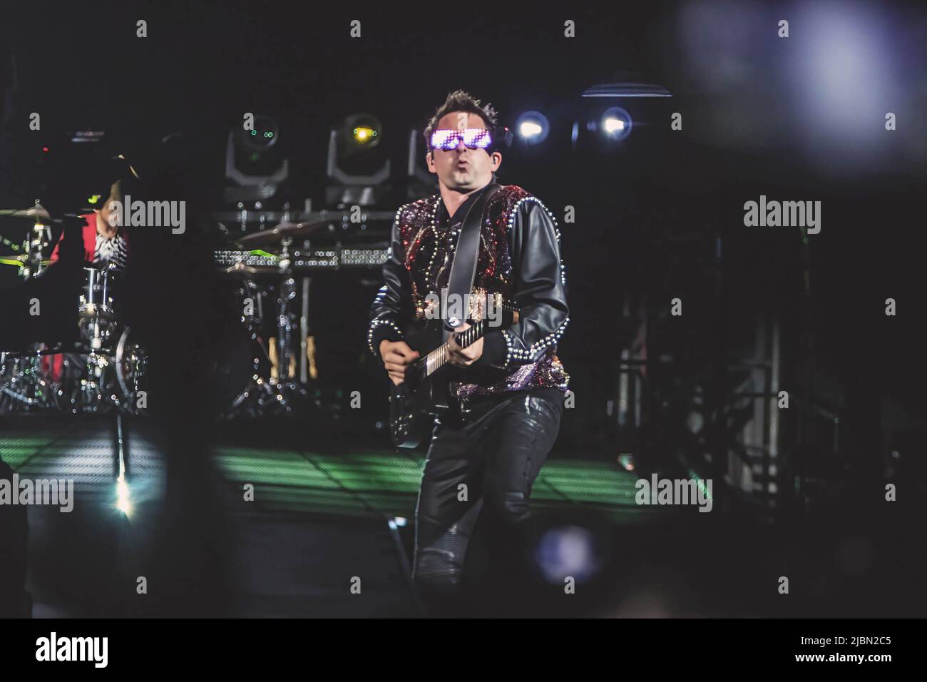 Matt Bellamy of Muse band performs live on stage during their Simulation Theory tour at Olimpico stadium in Rome. Stock Photo