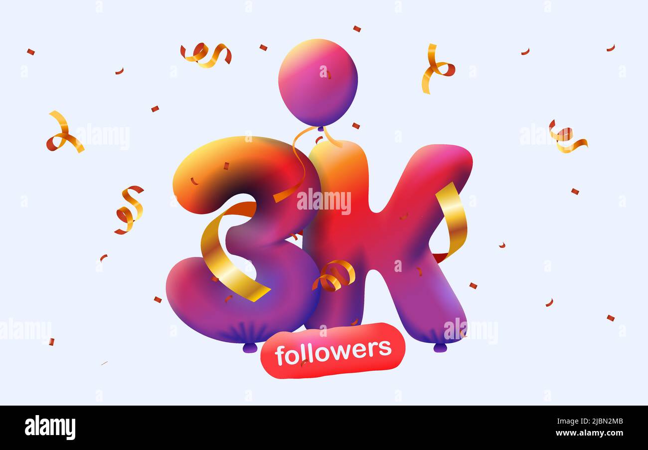 Banner With 3k Followers Thank You In Form 3d Red Balloons And Colorful