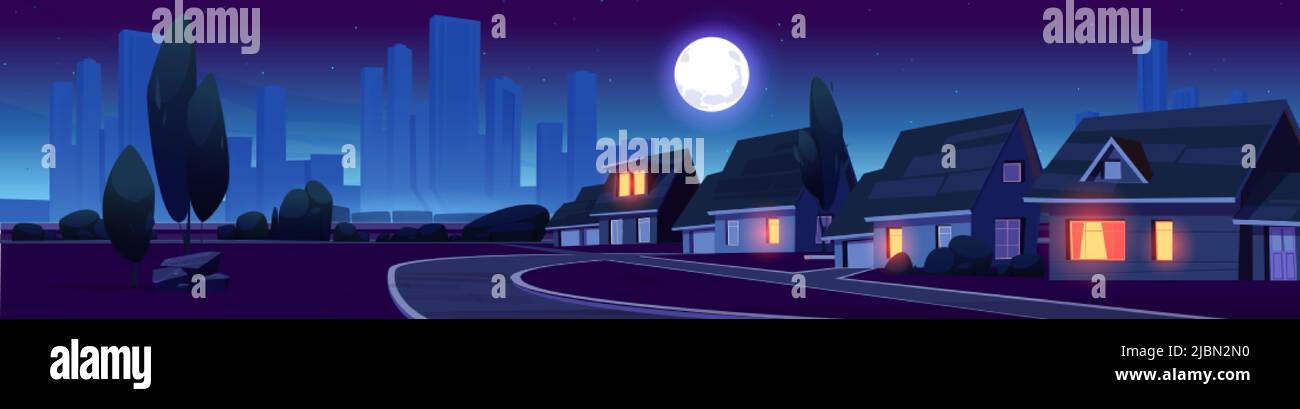 Suburb district with houses and skyscrapers on horizon at night. Summer landscape of suburban street, village with cottages, road, bushes, trees and f Stock Vector