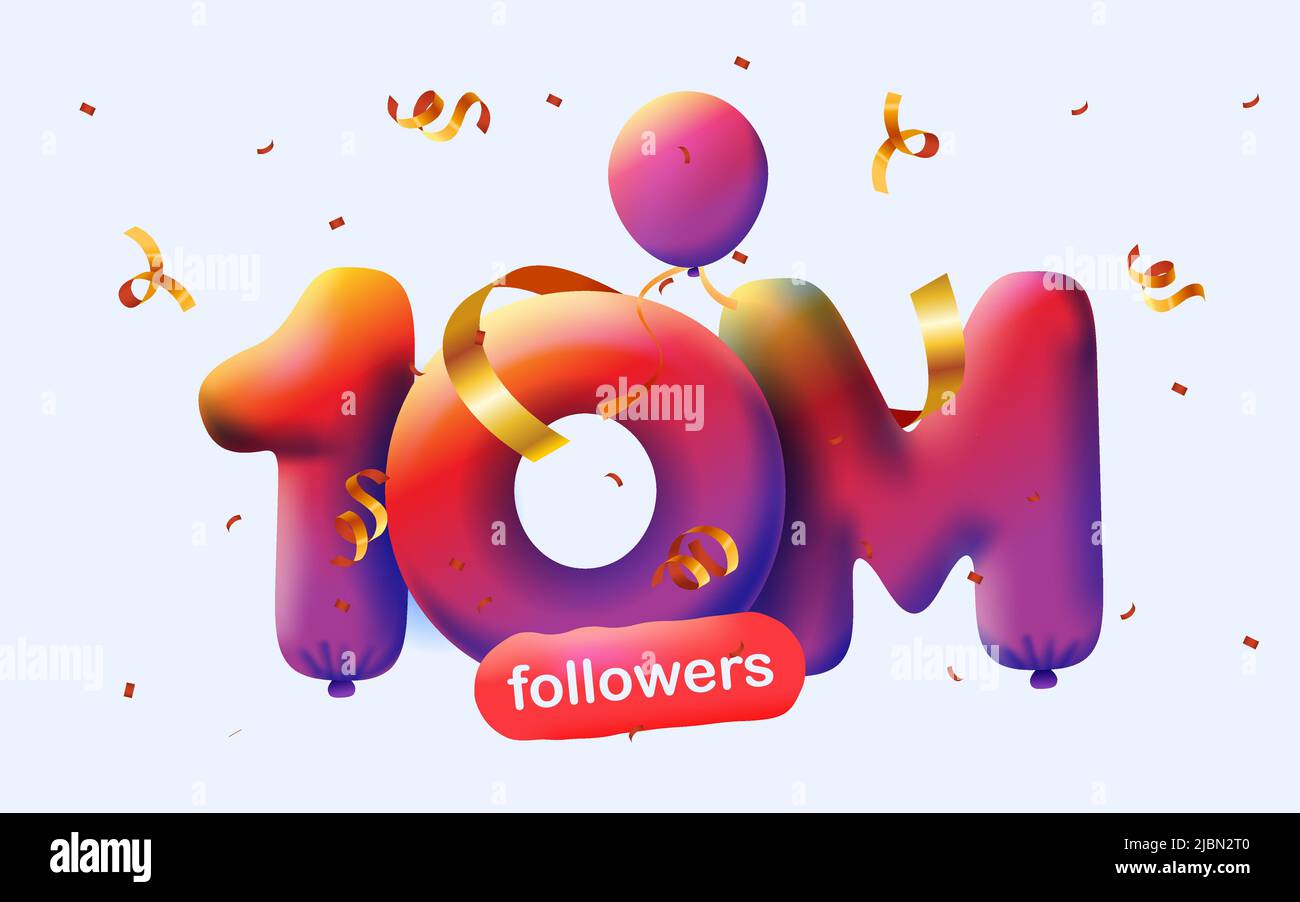 Banner with 10M followers thank you in form 3d red balloons and colorful confetti. Vector illustration 3d numbers for social media 10000000 followers thanks, Blogger celebrating subscribers, likes Stock Vector