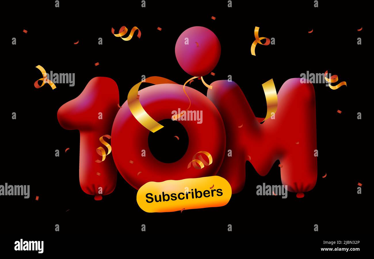 Banner with 10M followers thank you in form 3d red balloons and colorful confetti. Vector illustration 3d numbers for social media 10000000 followers thanks, Blogger celebrating subscribers, likes Stock Vector