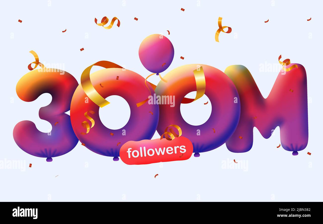 Banner with 300M followers thank you 3d red balloons and colorful confetti. Vector illustration 3d numbers for social media 300000000 followers thanks, Blogger celebrating subscribers, likes Stock Vector