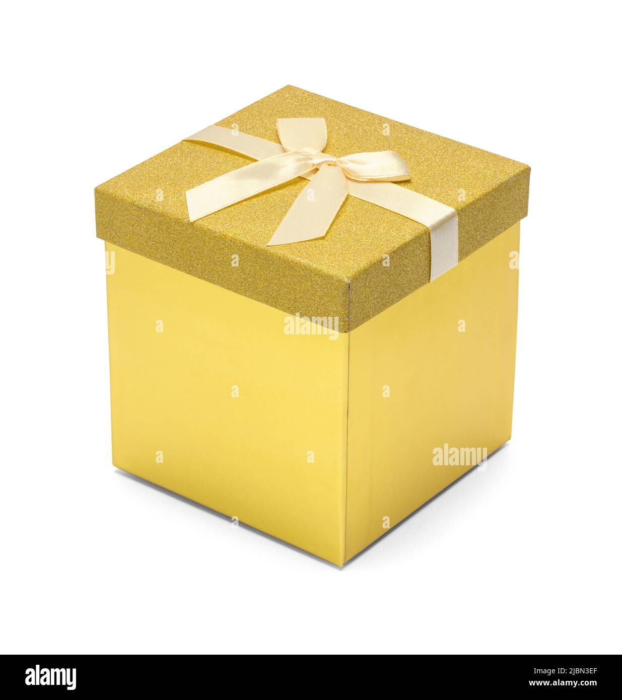 Closed Gold Gift Box Cut Out on White. Stock Photo