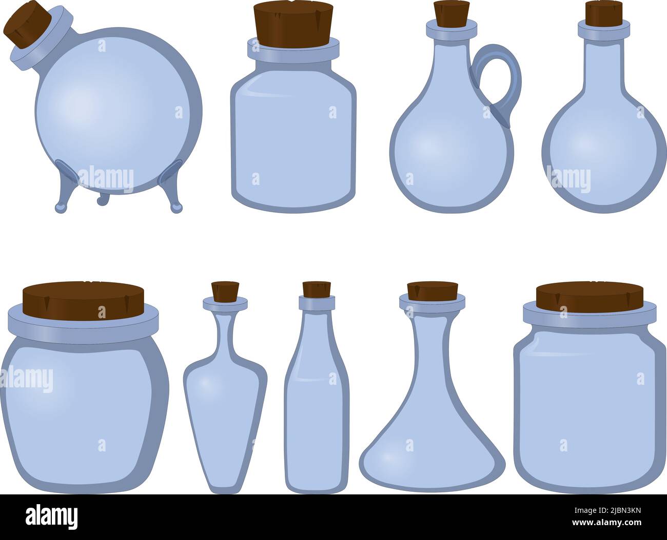 Glass jar, bottle and flask with wooden cork collection vector
