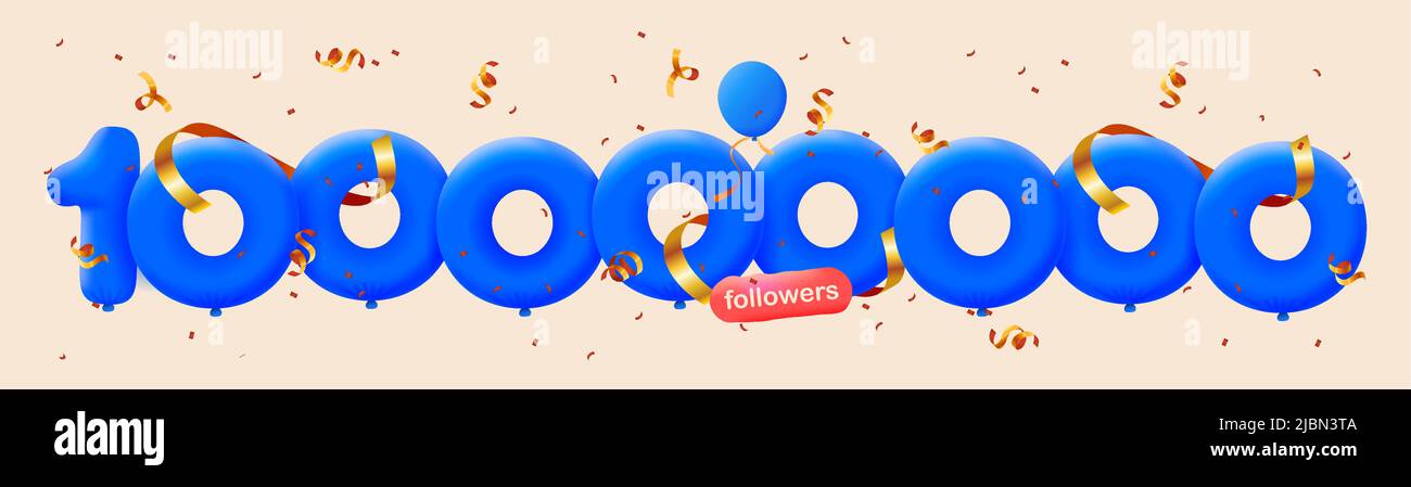 Banner with 100M followers thank you 3d  blue balloons and colorful confetti. Vector illustration 3d numbers for social media 100000000 followers thanks, Blogger celebrating subscribers, likes Stock Vector