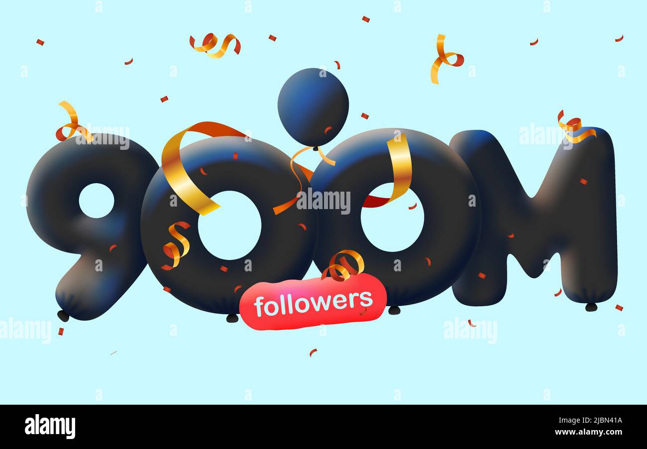 Banner with 900M followers thank you 3d black balloons and colorful confetti. Vector illustration 3d numbers for social media 900000000 followers thanks, Blogger celebrating subscribers, likes Stock Vector