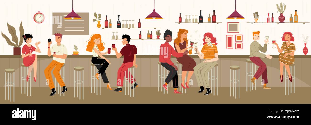 Diverse people drink alcohol in bar. Vector flat illustration of restaurant or cafe interior with bar counter, men and women sitting on stools with wi Stock Vector