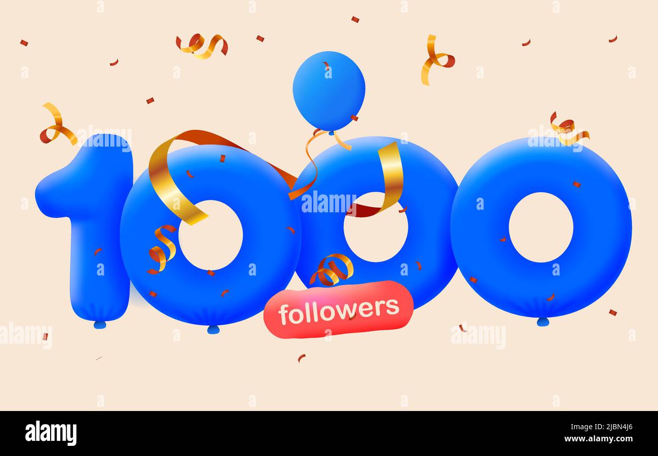 Banner with 1K followers thank you in form of 3d  blue balloons and colorful confetti. Vector illustration 3d numbers for social media 1000 followers thanks, Blogger celebrating subscribers, likes Stock Vector
