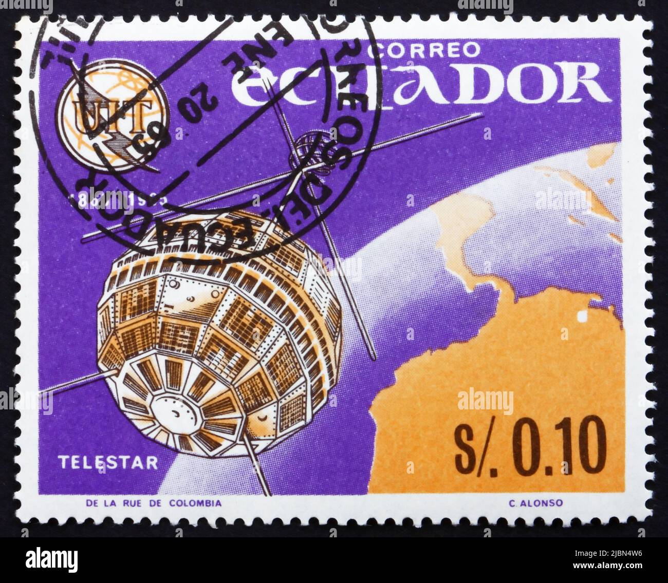 ECUADOR - CIRCA 1966: a stamp printed in the Ecuador shows Telstar, 1st Television Connection of the US and Europe through Telstar Satellite, circa 19 Stock Photo