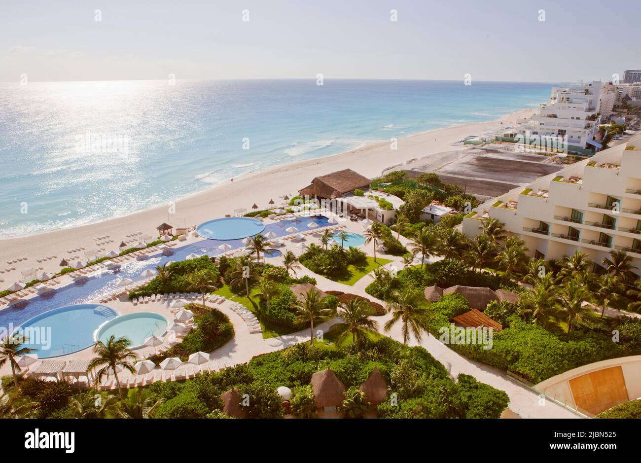The view from Room 3016 at Live Aqua Resort & Spa, a 371-room luxury all-inclusive hotel located in Cancun’s Hotel Zone. Cancun, Quintana Roo, Mexico. Stock Photo