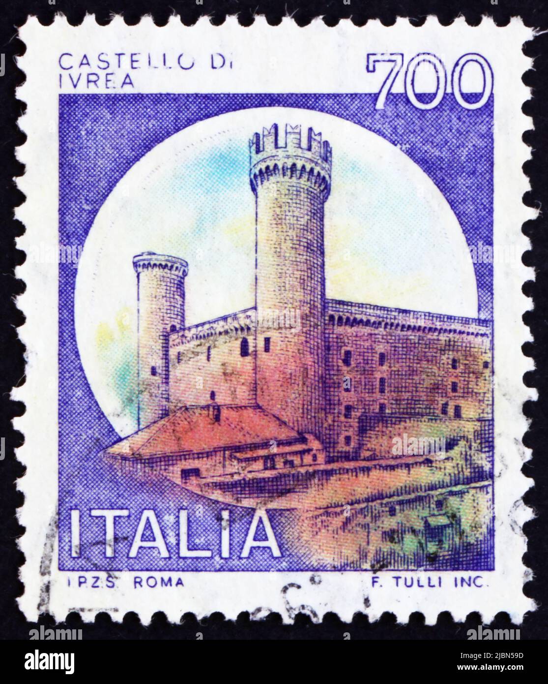 ITALY - CIRCA 1980: a stamp printed in the Italy shows Castle Ivrea, Turin, circa 1980 Stock Photo
