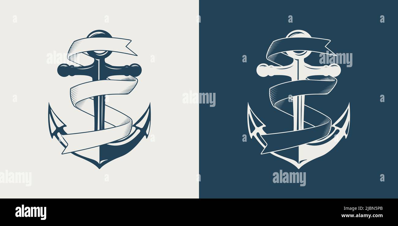 Vector Hand drawn Anchors with Ribbons Set Isolated. Design Template for Tattoos, Tshirt, Logo, Labels. Anchor with Ribbon. Antique Vintage Marine Stock Vector