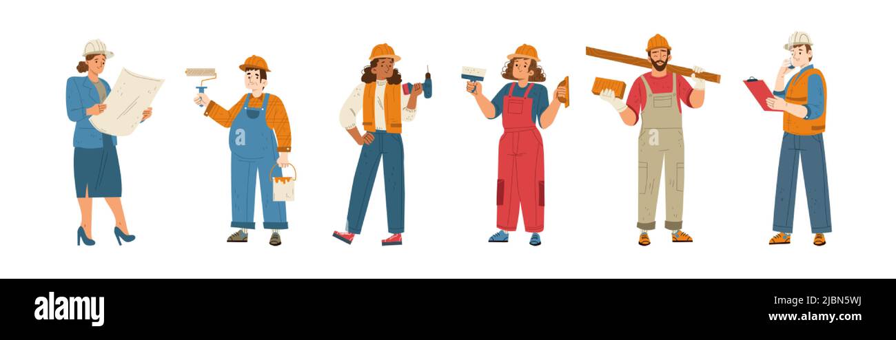 Builders and construction workers in helmets. Vector flat illustration ...