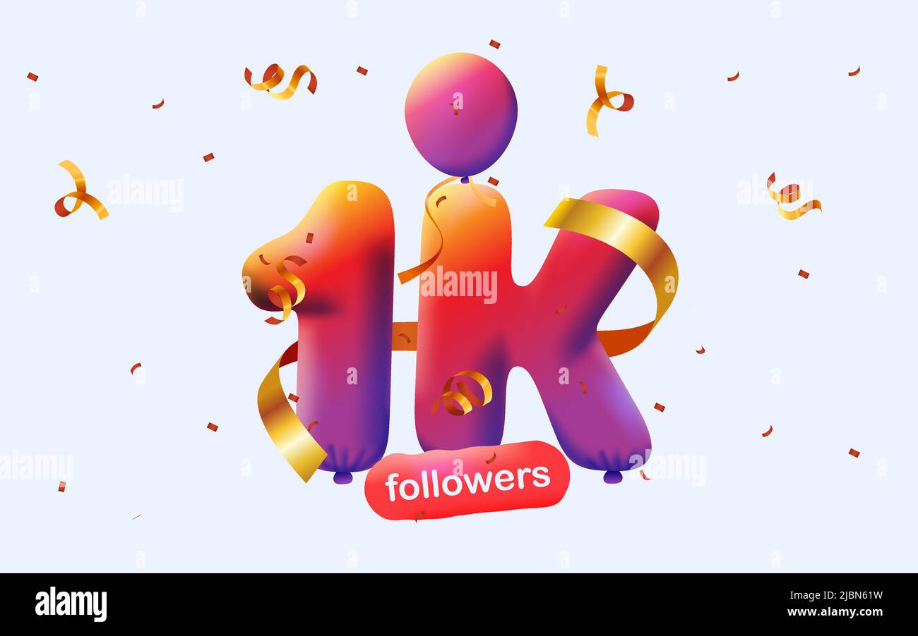 Banner with 1K followers thank you in form of 3d red balloons and colorful confetti. Vector illustration 3d numbers for social media 1000 followers thanks, Blogger celebrating subscribers, likes Stock Vector