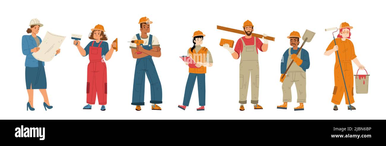 Builders and construction workers in helmets. Vector flat illustration of diverse people working in building industry, men and women architect, painte Stock Vector