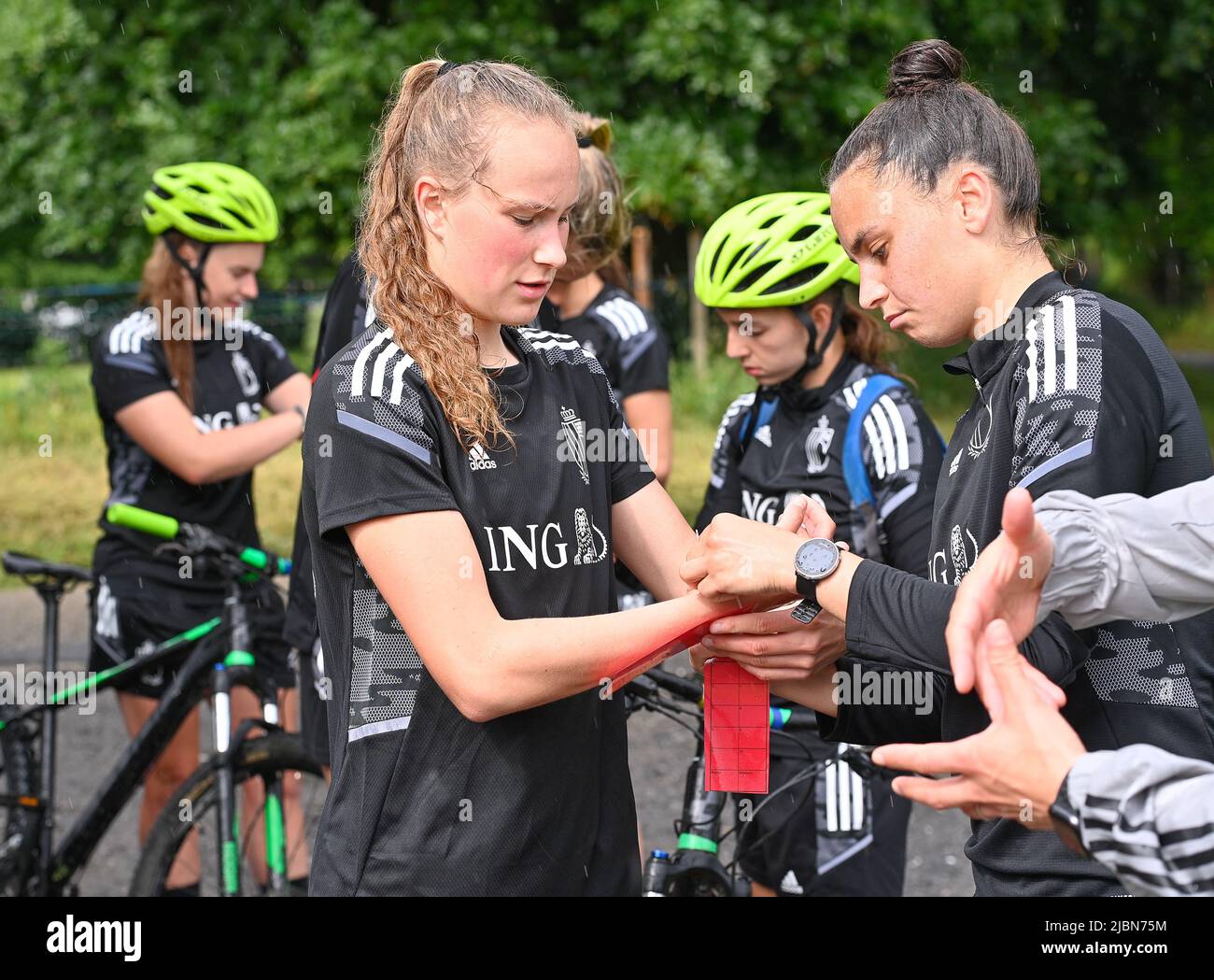 Aywaille. Belguim, 07/06/2022, Belgium's Feli Delacauw and Belgium's goalkeeper Nicky Evrard pictured during a team building activity of the Belgium's national women's soccer team the Red Flames, Tuesday 07 June 2022 in Aywaille. The Red Flames are preparing for the upcoming Women's Euro 2022 European Championships in England. BELGA PHOTO DAVID CATRY Stock Photo