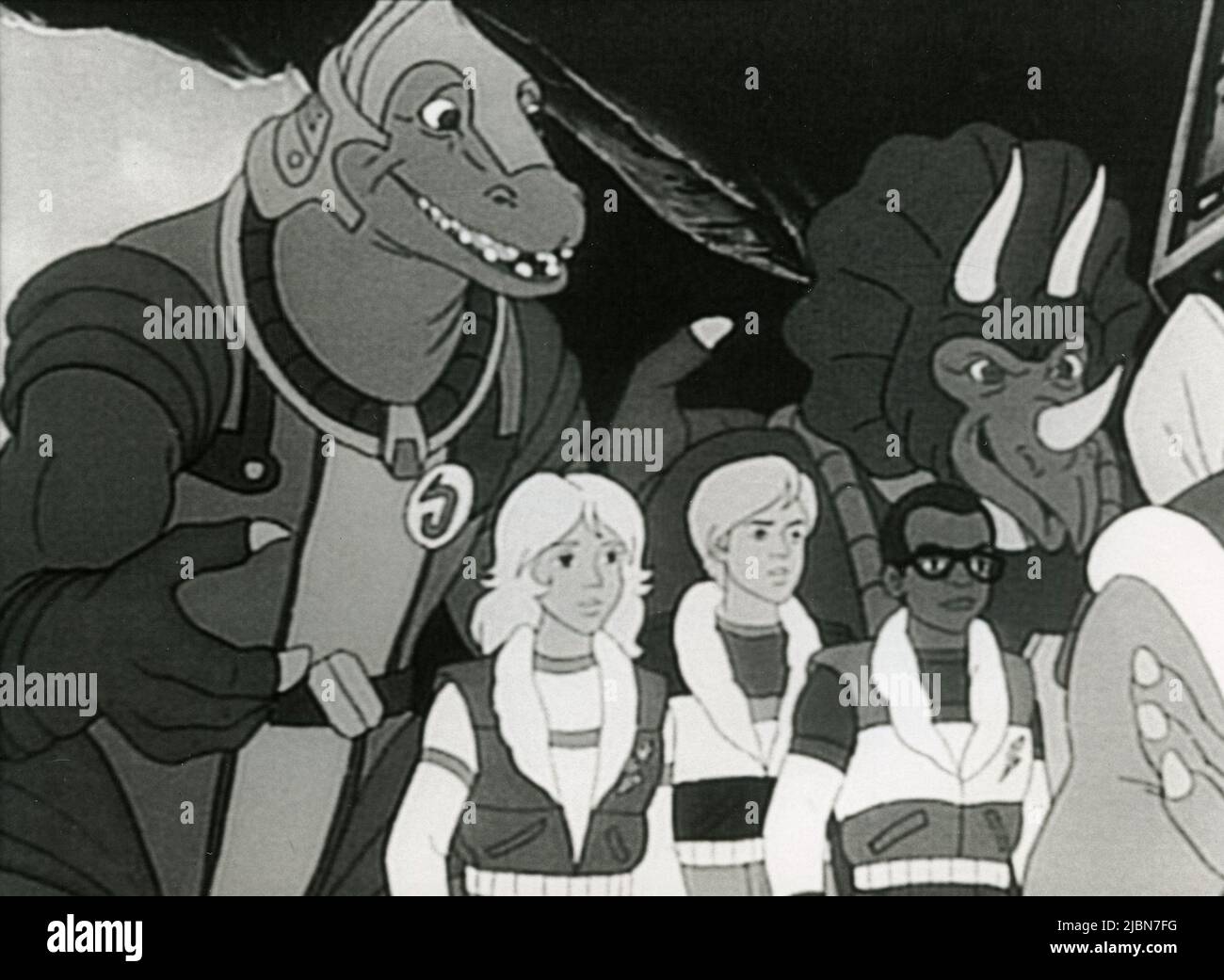 Characters Allo, Sarah, Ryan, Paul, and Tricero in the animated movie  Dinosaucers, USA 1987 Stock Photo - Alamy