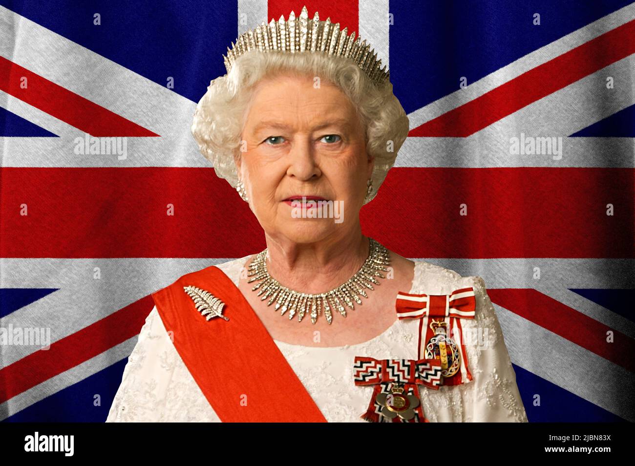 Queen Elizabeth II and UK flag Stock Photo Alamy