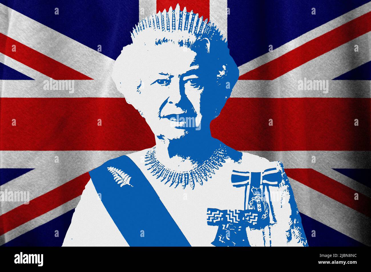 Queen Elizabeth II and UK flag Stock Photo