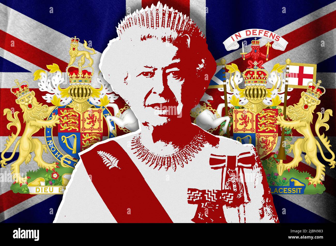 Queen Elizabeth II, coat of arms and flag of the United Kingdom Stock
