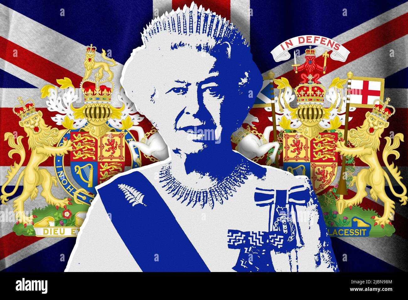 Queen Elizabeth II, coat of arms and flag of the United Kingdom Stock Photo