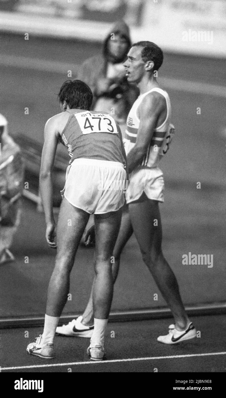 Steve Ovett England and Stefano Mai Italy at 1500 m in athlete at IAAF World Champion Ship in Helsinki Finland 1983 august Stock Photo