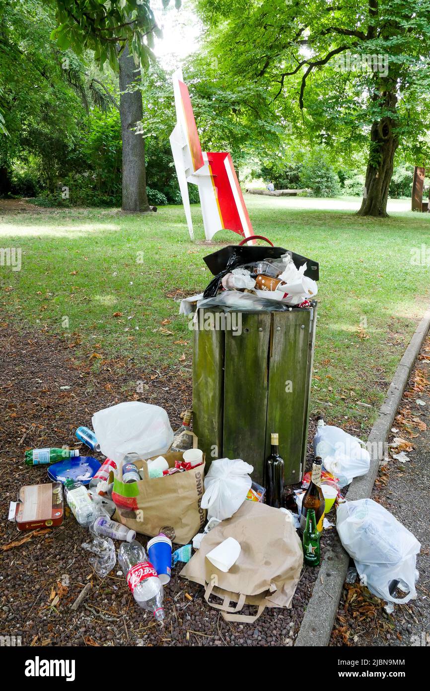 Dirts in a public rubbish can, Cerisaie Park, Lyon, Rhône department, AURA Region, France Stock Photo