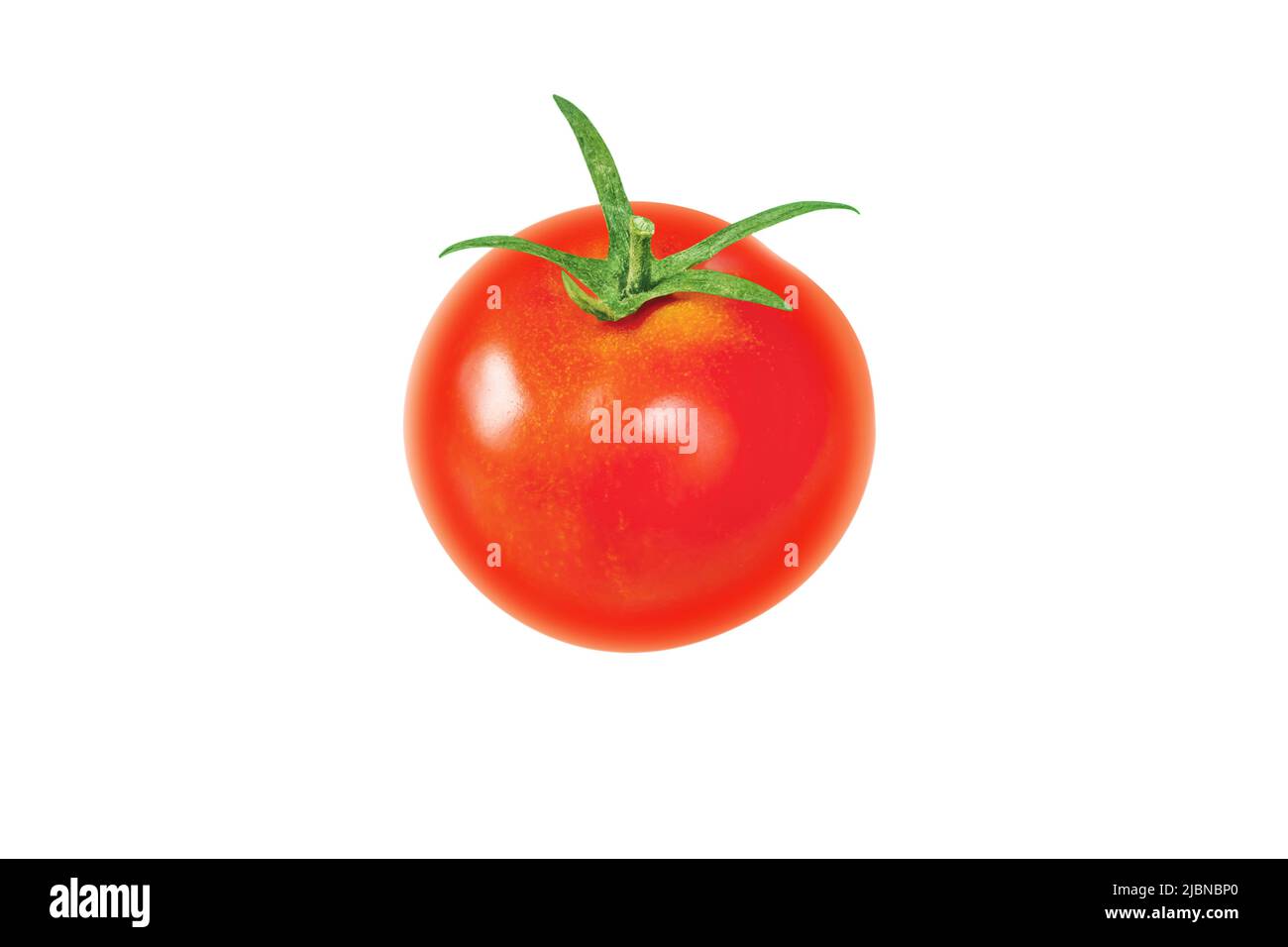 Single red tomato whole vegetable with green tail isolated on white. Solanum lycopersicum ripe fruit. Stock Photo