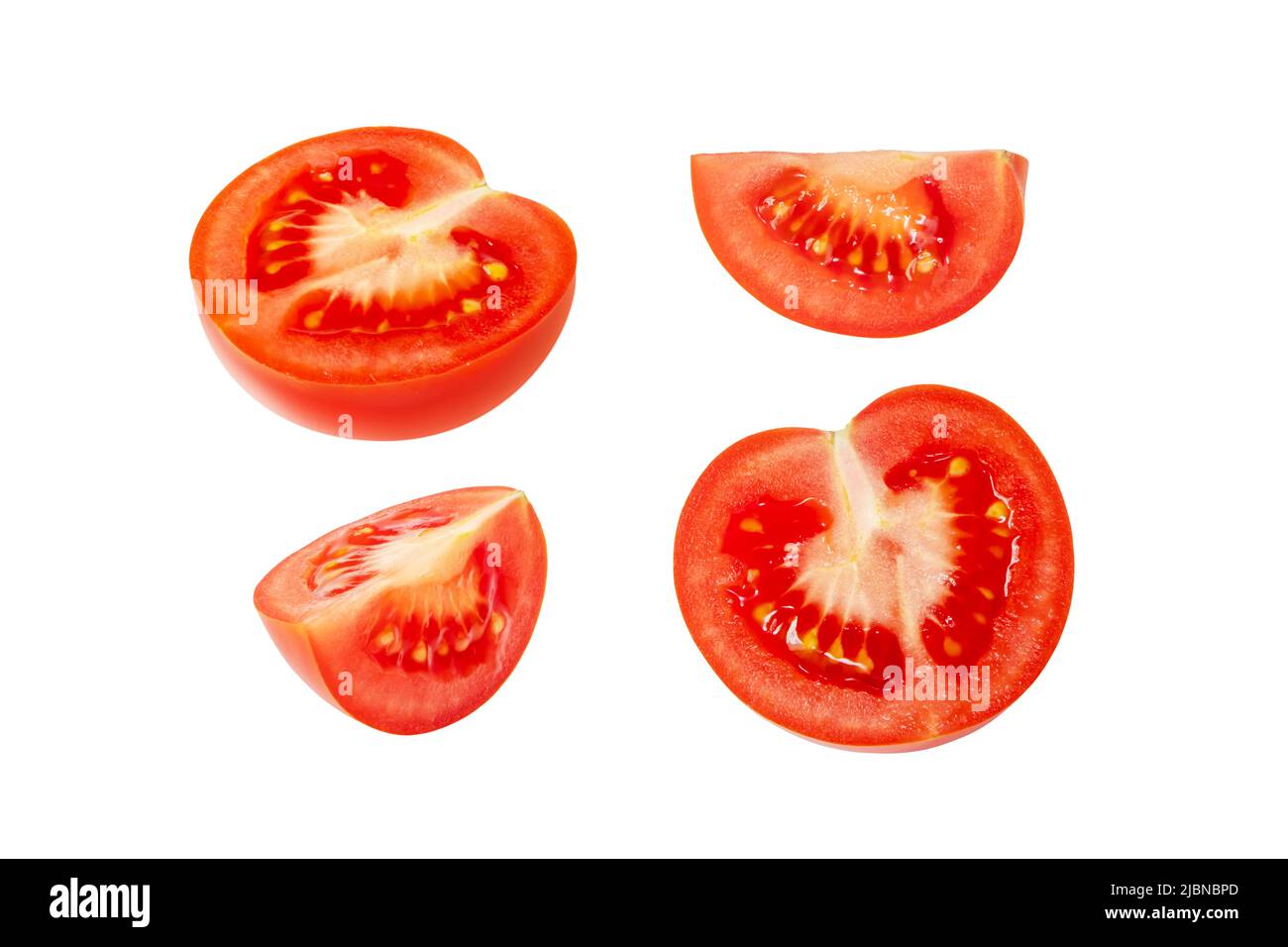 Tomato vegetable cut set isolated on white background. Solanum lycopersicum ripe fruit. Stock Photo