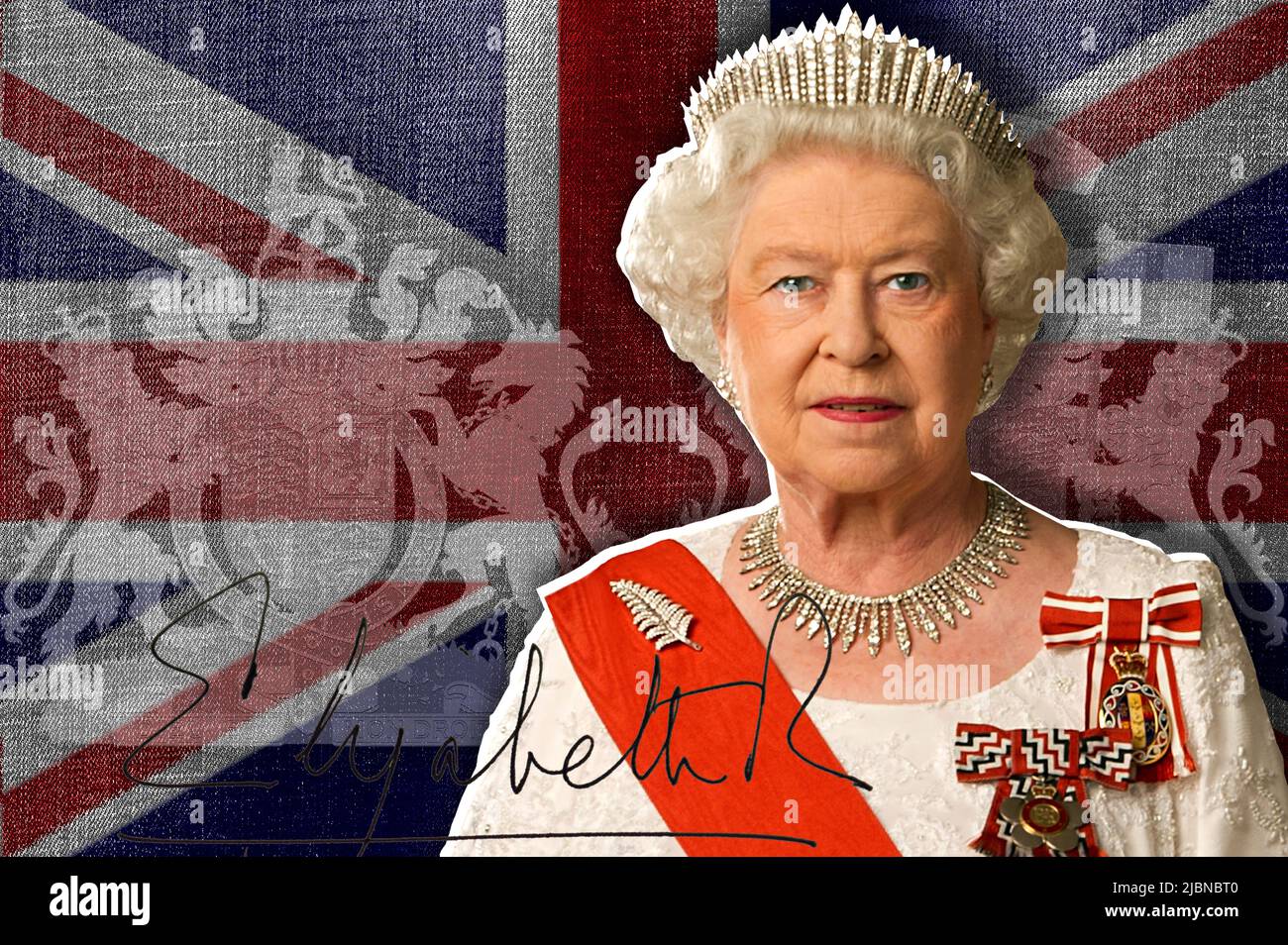 Queen Elizabeth II, signature, coat of arms and flag of the