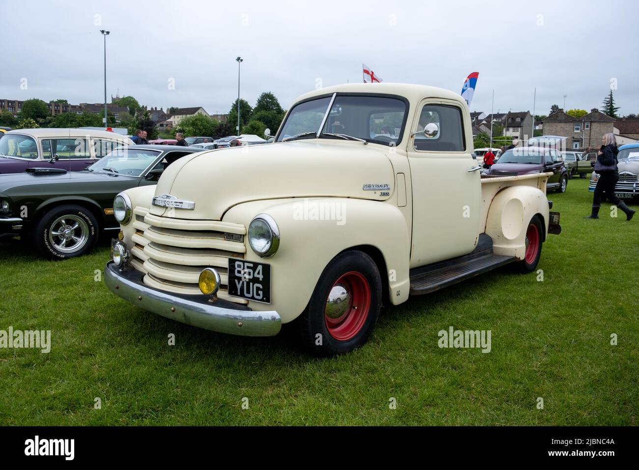 Chevrolet 3100 beige truck at the American Classic Car Show at Keynsham rugby club (Jun22) Stock Photo