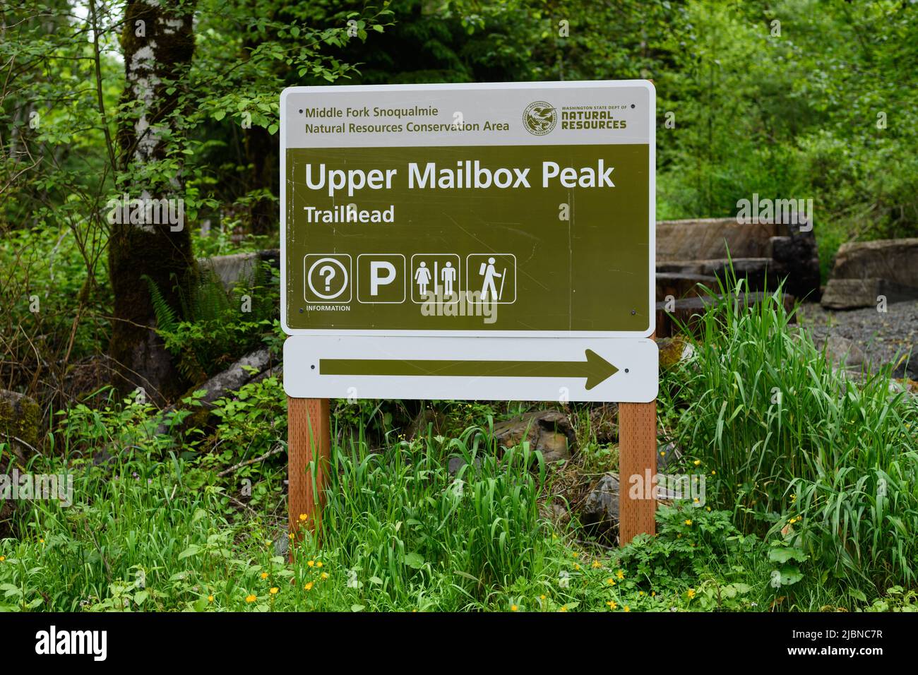 North Bend, WA, USA - June 06, 2022; Signage with direction for the popular Seattle area hiking trail at Upper Mailbox Peak Trailhead Stock Photo