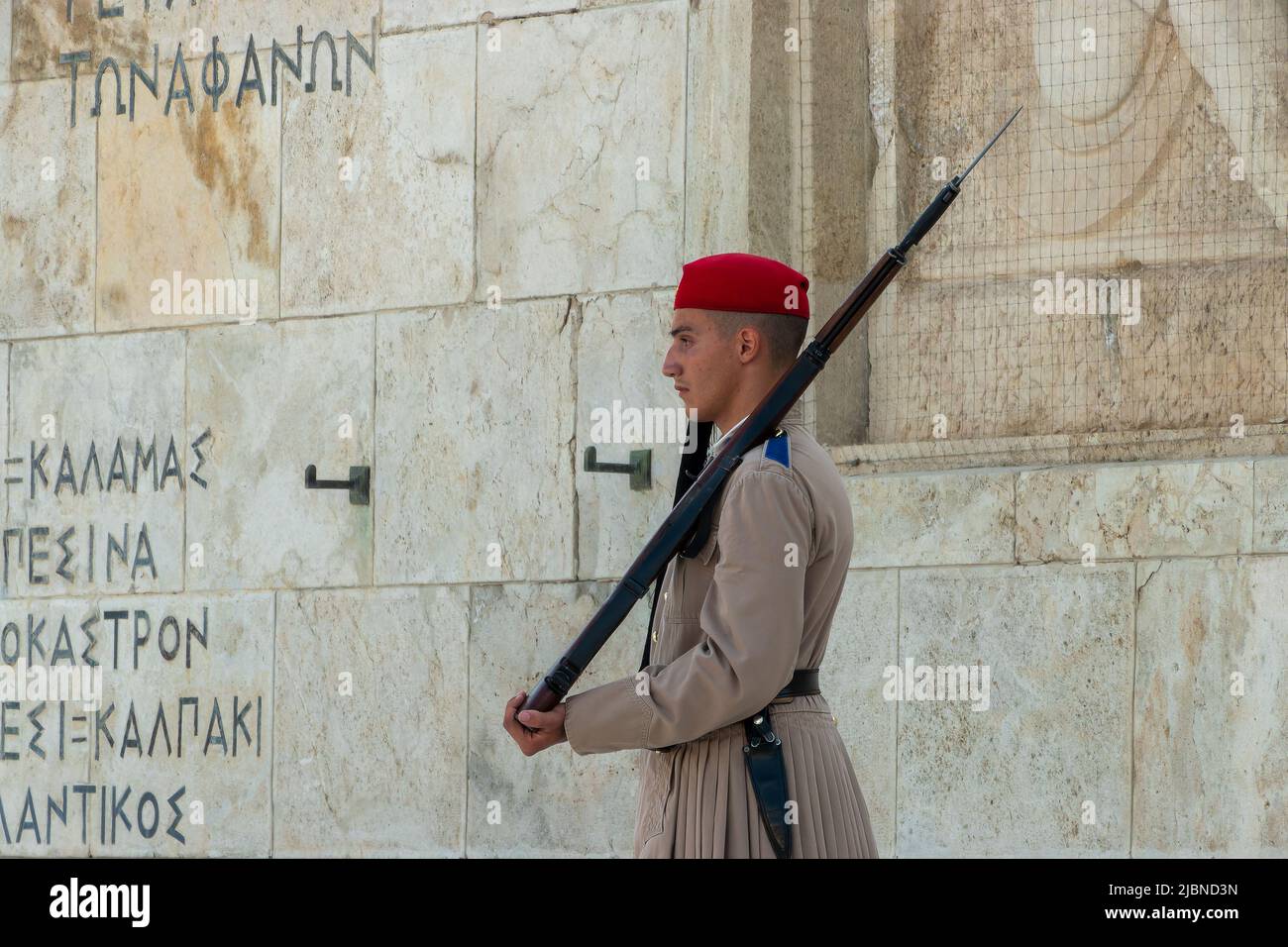 The changing of the guard of Evzones at Syntagma Square in Athens outside the Parliament Building Stock Photo
