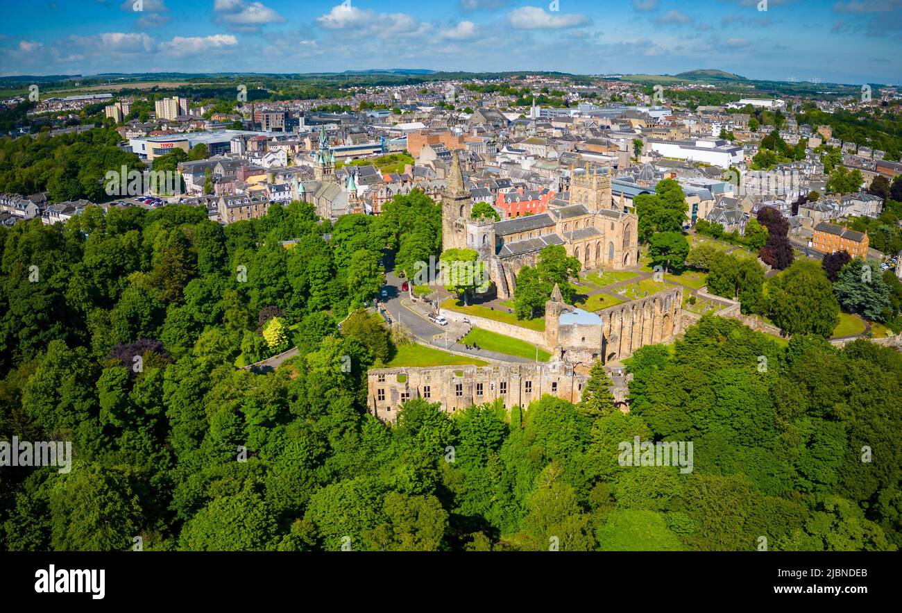 Aerial view from drone of Dunfermline Abbey and Palace ruins in Dunfermline, Fife, Scotland Stock Photo