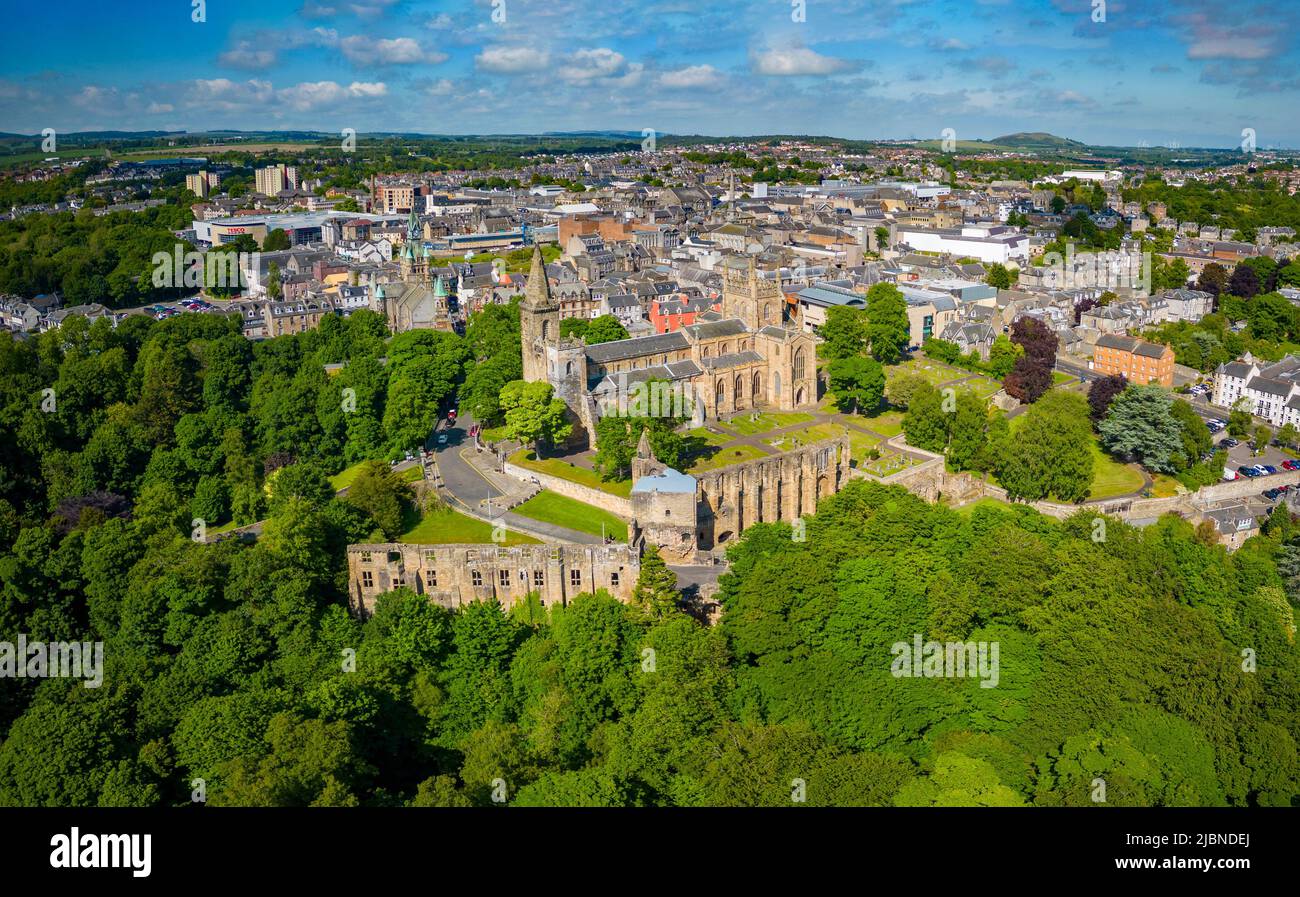 Aerial view from drone of Dunfermline Abbey and Palace ruins in