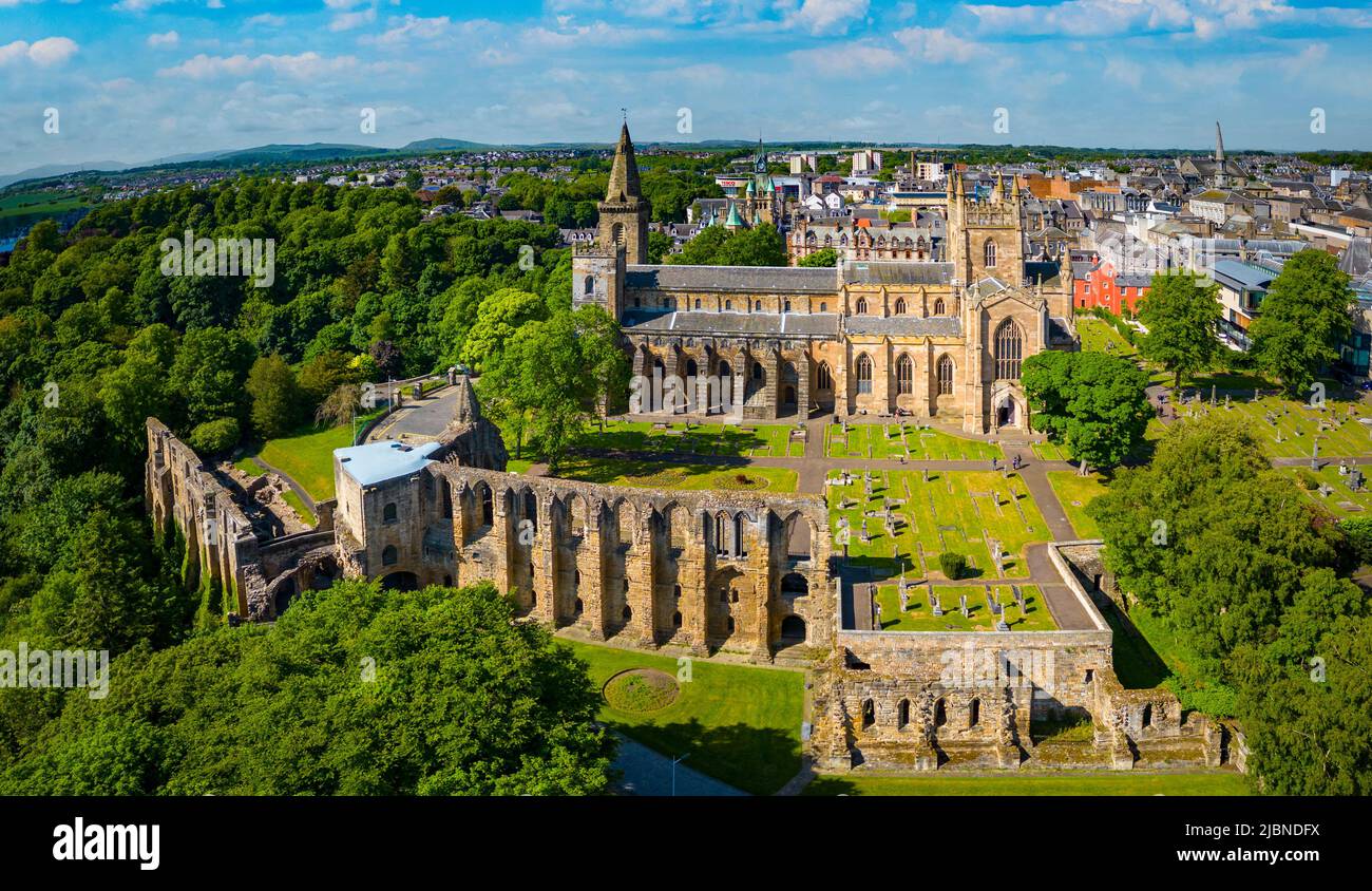 Aerial view from drone of Dunfermline Abbey and Palace ruins in