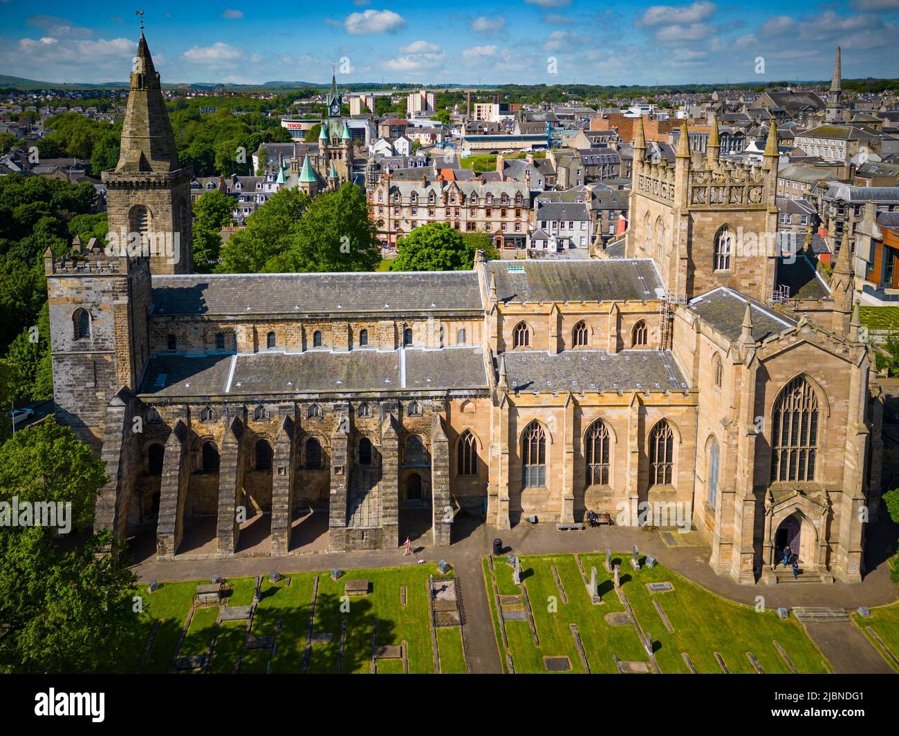 Aerial view from drone of Dunfermline Abbey  in Dunfermline, Fife, Scotland Stock Photo